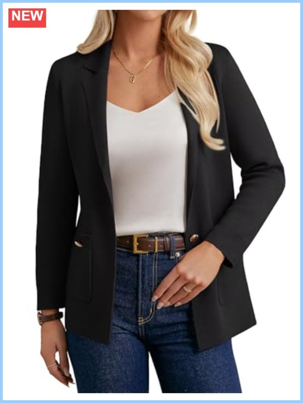 Women's Knit Blazer with Pockets Long Sleeve Open Front Notch Lapel
